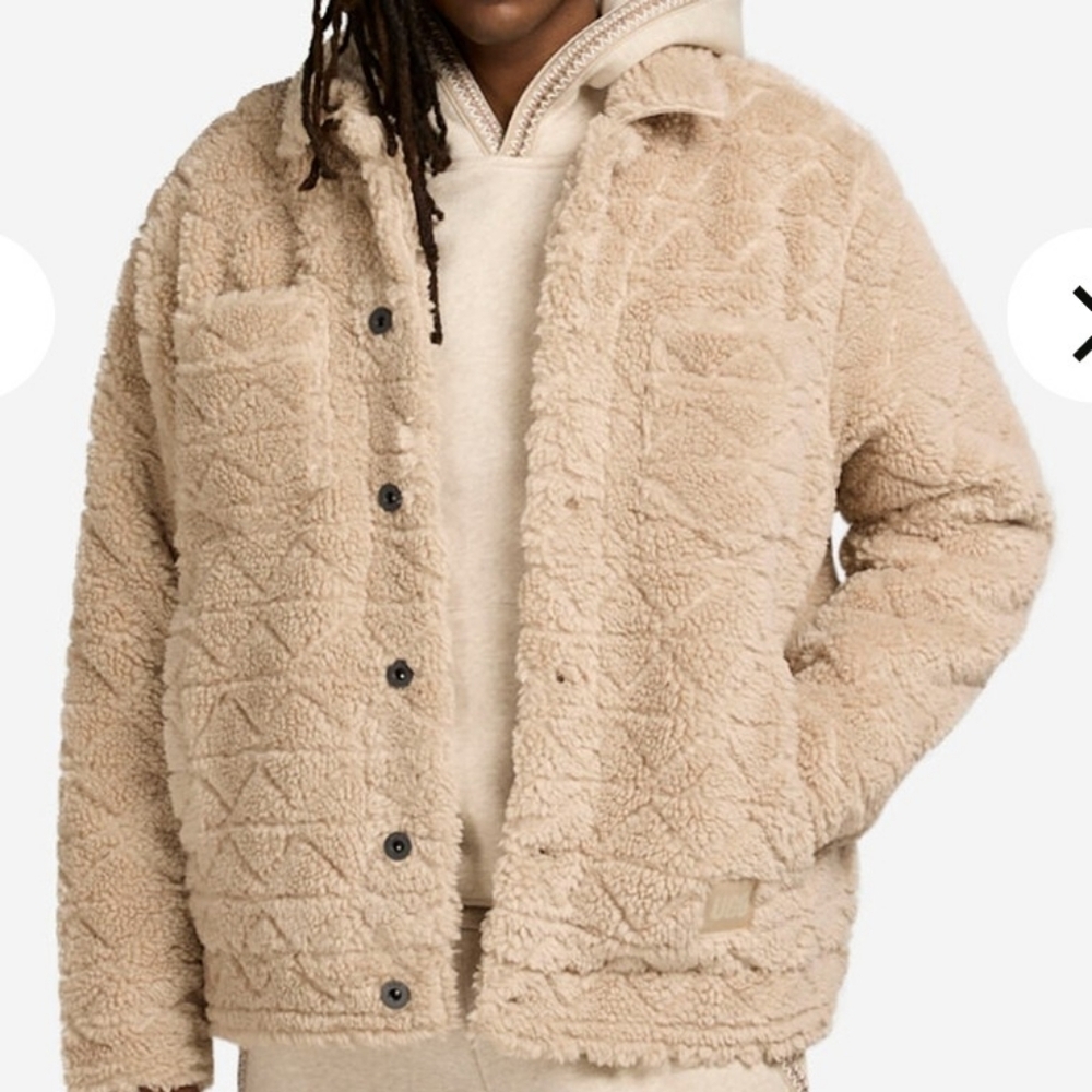 UGG JASON UGGFLUFF JACKET, PUTTY, Lined Fleece Warm Cozy Button Down‎ Sz L